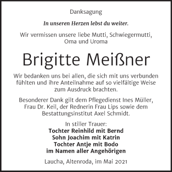 Traueranzeige von Brigitte Meißner von Super Sonntag Naumburg/Nebra