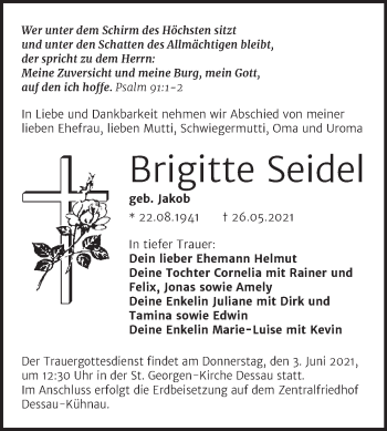 Traueranzeige von Brigitte Seidel von Trauerkombi Dessau