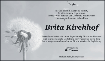 Traueranzeige von Brita Kirchhof von Trauerkombi Bitterfeld
