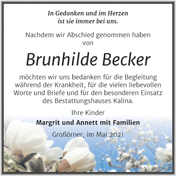 Traueranzeige von Brunhilde Becker von Trauerkombi Mansfelder Land