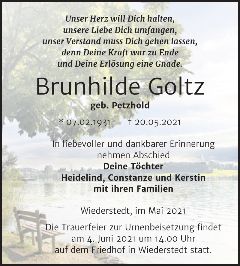  Traueranzeige für Brunhilde Goltz vom 29.05.2021 aus Trauerkombi Mansfelder Land