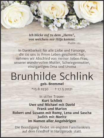 Traueranzeige von Brunhilde Schlink von Trauerkombi Quedlinburg