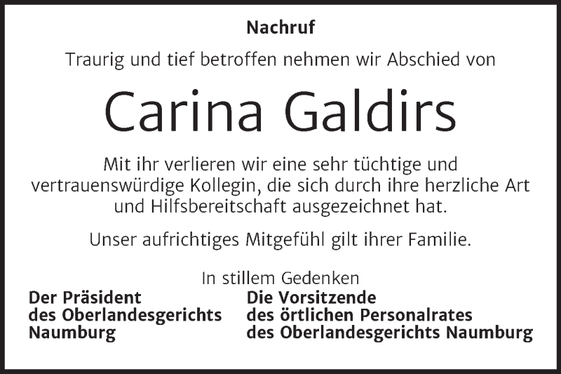  Traueranzeige für Carina Galdirs vom 22.05.2021 aus Naumburger Tageblatt