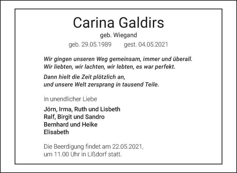  Traueranzeige für Carina Galdirs vom 15.05.2021 aus Naumburger Tageblatt