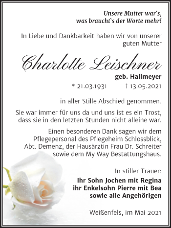 Traueranzeige von Charlotte Leischner von Trauerkombi Weißenfels