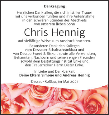 Traueranzeige von Chris Hennig von Trauerkombi Dessau