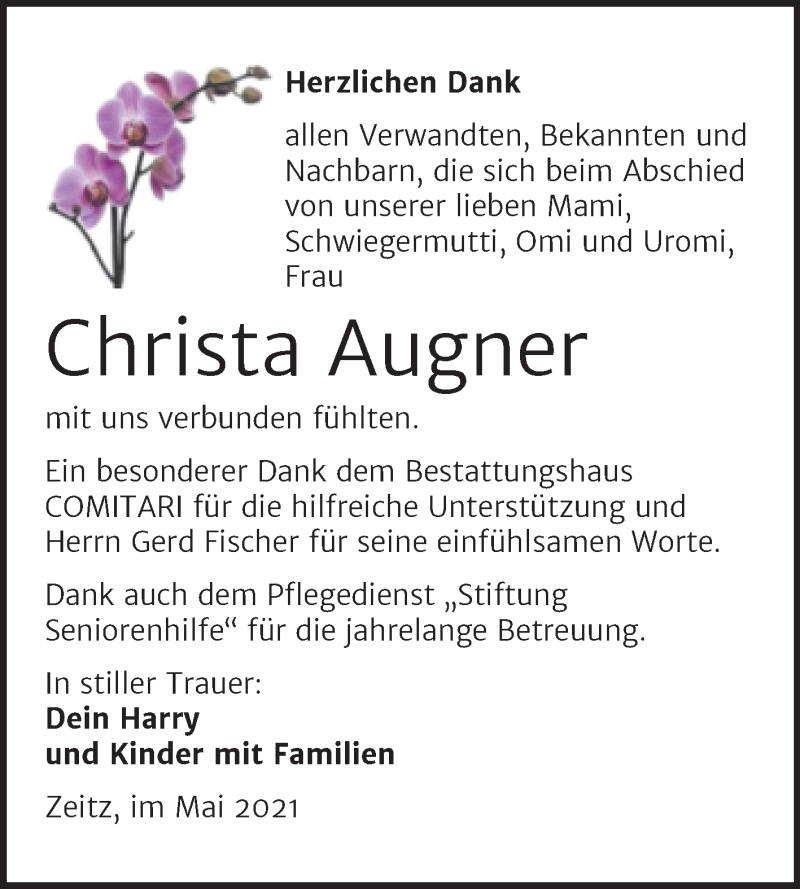  Traueranzeige für Christa Augner vom 29.05.2021 aus Trauerkombi Zeitz