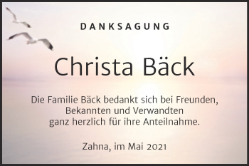 Traueranzeige von Christa Bäck von Trauerkombi Wittenberg