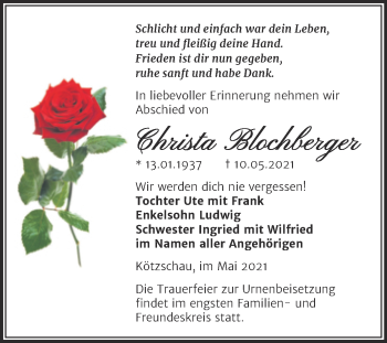 Traueranzeige von Christa Blochberger von Trauerkombi Merseburg