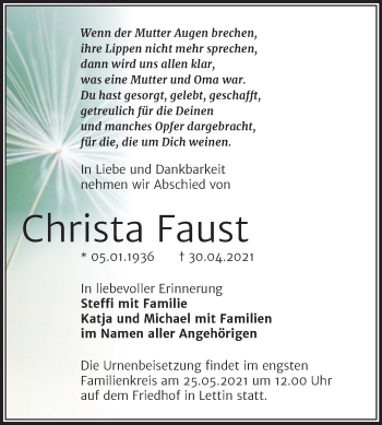Traueranzeige von Christa Faust von Mitteldeutsche Zeitung Halle/Saalkreis