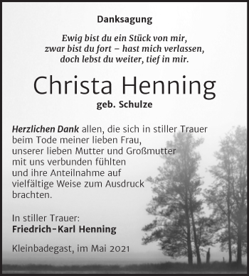 Traueranzeige von Christa Henning von Trauerkombi Köthen