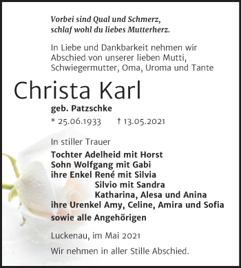 Traueranzeige von Christa Karl von Trauerkombi Zeitz