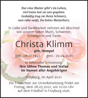 Traueranzeige von Christa Klimm von Wochenspiegel Naumburg/Nebra