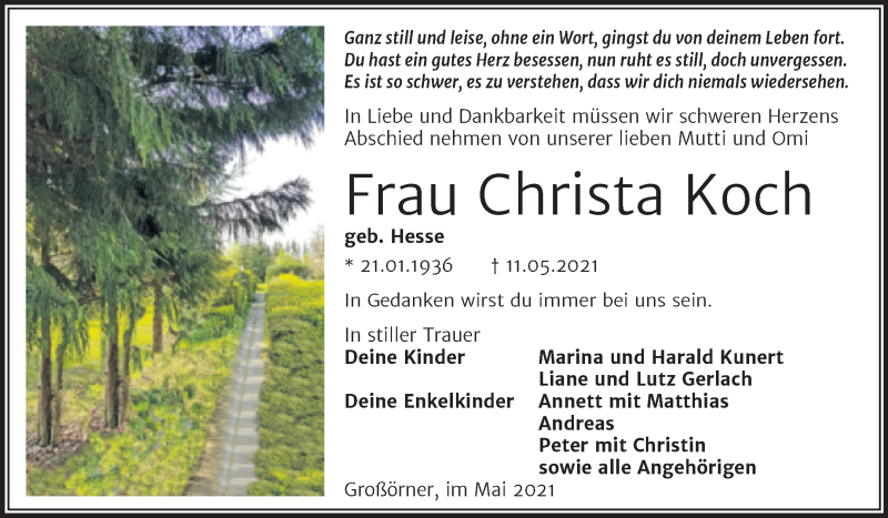  Traueranzeige für Christa Koch vom 19.05.2021 aus Trauerkombi Mansfelder Land