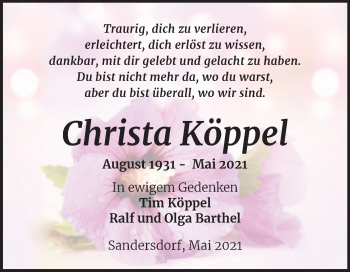 Traueranzeige von Christa Köppel von Trauerkombi Bitterfeld