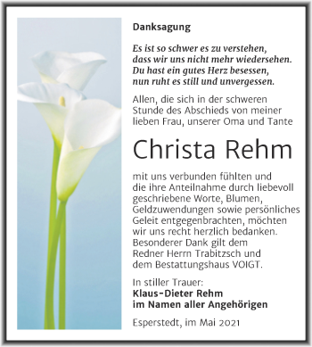 Traueranzeige von Christa Rehm von Trauerkombi Merseburg