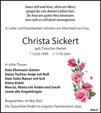 Traueranzeige von Christa Sickert von Trauerkombi Weißenfels
