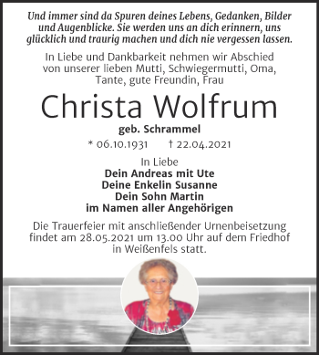 Traueranzeige von Christa Wolfrum von Trauerkombi Weißenfels