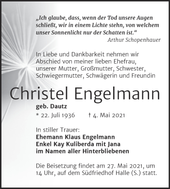 Traueranzeige von Christel Engelmann von Mitteldeutsche Zeitung Halle/Saalkreis