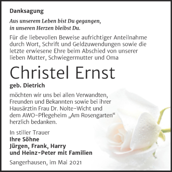 Traueranzeige von Christel Ernst von Trauerkombi Sangerhausen