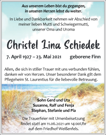 Traueranzeige von Christel Lina Schiedek von Trauerkombi Weißenfels