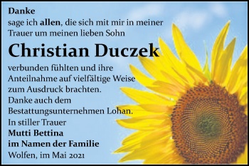 Traueranzeige von Christian Duczek von Trauerkombi Bitterfeld
