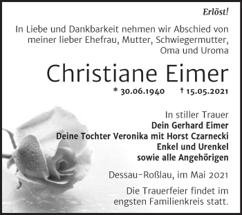 Traueranzeige von Christiane Eimer von Super Sonntag Dessau-Roßlau