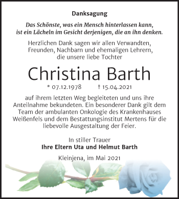 Traueranzeige von Christina Barth von Wochenspiegel Naumburg/Nebra