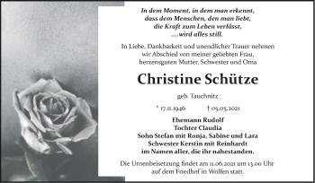 Traueranzeige von Christine Schütze von Trauerkombi Bitterfeld