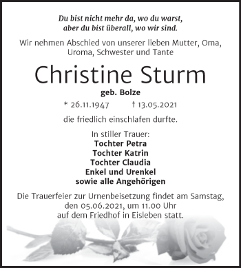 Traueranzeige von Christine Sturm von Trauerkombi Mansfelder Land