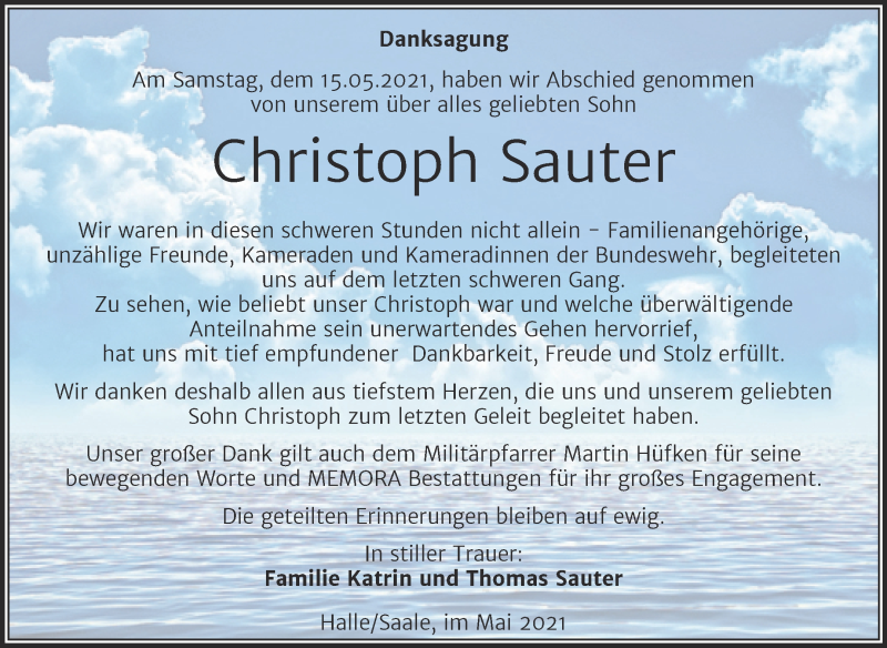  Traueranzeige für Christoph Sauter vom 22.05.2021 aus Mitteldeutsche Zeitung Halle/Saalkreis