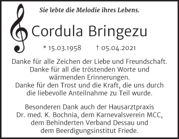 Traueranzeige von Cordula Bringezu von Trauerkombi Dessau