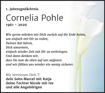 Traueranzeige von Cornelia Pohle von Trauerkombi Zeitz