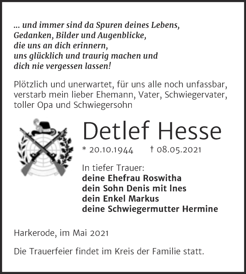  Traueranzeige für Detlef Hesse vom 15.05.2021 aus Trauerkombi Mansfelder Land