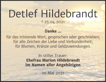 Traueranzeige von Detlef Hildebrandt von Trauerkombi Bernburg