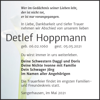 Traueranzeige von Detlef Hoppmann von Trauerkombi Sangerhausen