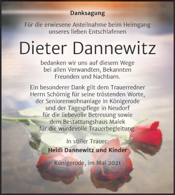 Traueranzeige von Dieter Dannewitz von Trauerkombi Quedlinburg