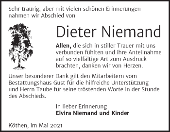 Traueranzeige von Dieter Niemand von Trauerkombi Köthen