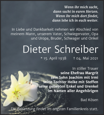 Traueranzeige von Dieter Schreiber von Wochenspiegel Naumburg/Nebra