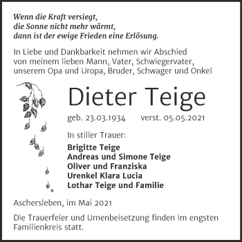 Traueranzeige von Dieter Teige von Trauerkombi Aschersleben