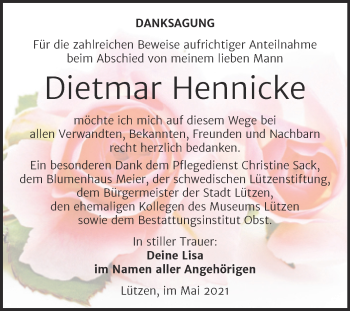 Traueranzeige von Dietmar Hennicke von Trauerkombi Weißenfels