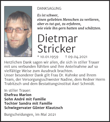 Traueranzeige von Dietmar Stricker von Super Sonntag Naumburg/Nebra