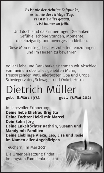 Traueranzeige von Dietrich Müller von Trauerkombi Weißenfels