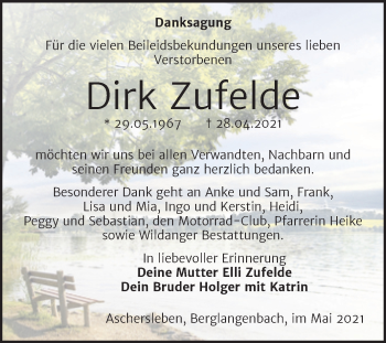 Traueranzeige von Dirk Zufelde von Trauerkombi Aschersleben