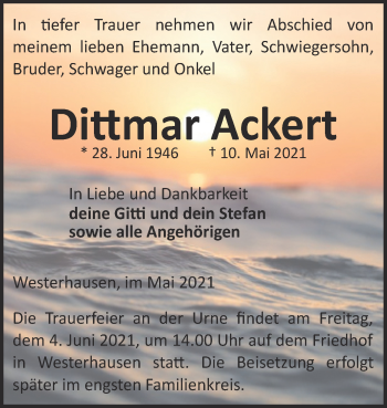 Traueranzeige von Dittmar Ackert von Trauerkombi Quedlinburg