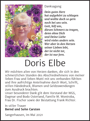 Traueranzeige von Doris Elbe von Trauerkombi Sangerhausen