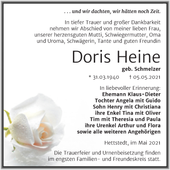 Traueranzeige von Doris Heine von Trauerkombi Mansfelder Land