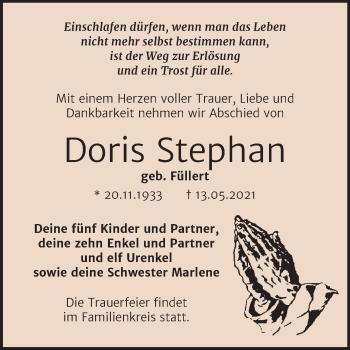 Traueranzeige von Doris Stephan von Trauerkombi Bernburg