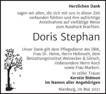 Traueranzeige von Doris Stephan von Trauerkombi Bernburg