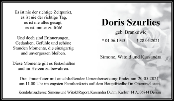 Traueranzeige von Doris Szurlies von Super Sonntag Dessau-Roßlau